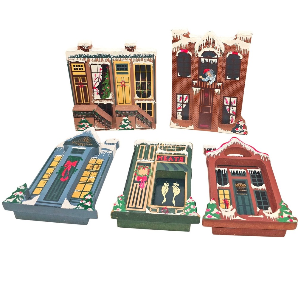 Sheila's 1991 Christmas Dickens Village 5 Piece Lot Wooden Houses‎ Shelf Sitters